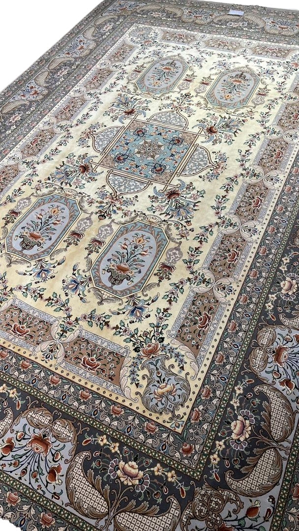 "Timeless Isfahan rug featuring intricate floral and medallion designs, blending wool and silk."